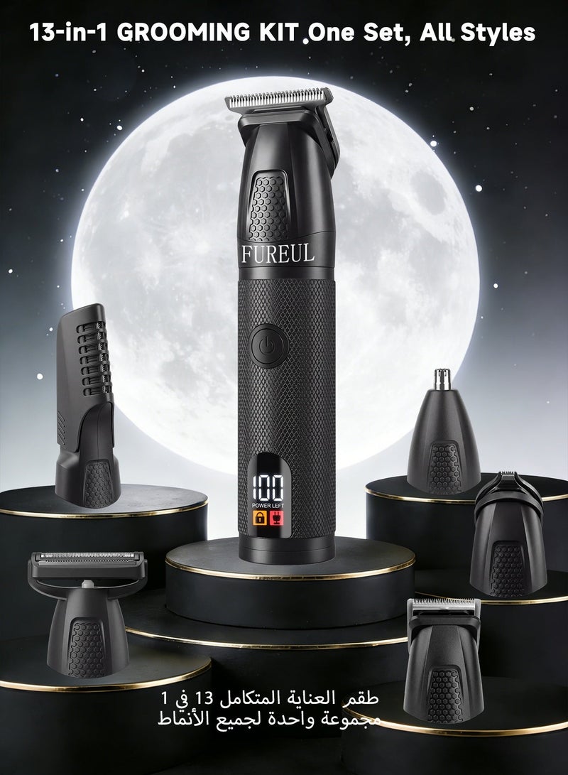 فوريول ماكينة حلاقة شعر كهربائية للرجال من FUREUL، طقم تشذيب لاسلكي 13 في 1 مع شفرة T دقيقة، ماكينة حلاقة للجسم واللحية مقاومة للماء (رطب وجاف)، شاشة LED، تشغيل 120 دقيقة - أسود - Image 2